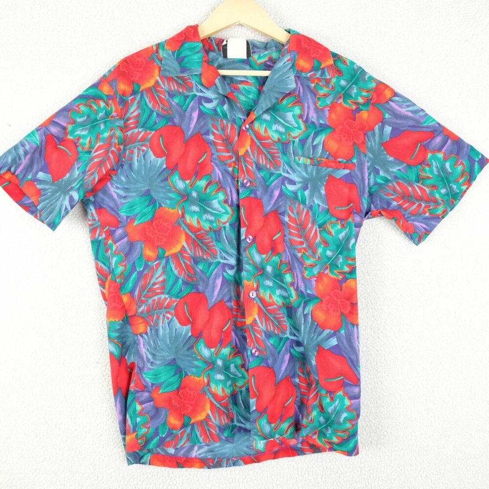 Hilo Hattie Shirt Mens Large Red Blue Floral Tropical Camp Hawaiian Cotton